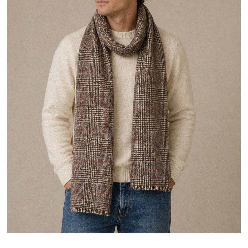 Line of Trade MENS Plaid Merino Wool Frayed Scarf Brown Tan